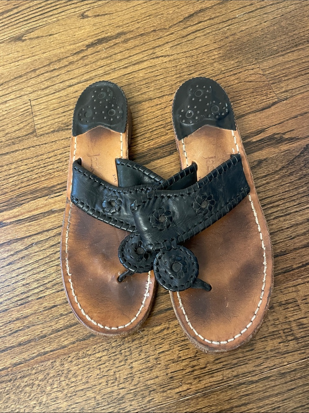 Jack Rogers Black Leather Sandals on Brown Footbed